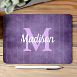 Purple Vintage Pinstripe Retro Lilac Monogram Mouse Pad<br><div class="desc">This design features a vintage pinstripe pattern in purple with pale lilac dashed stripes. Personalize it with your monogram initial in lilac and your name in white retro script.</div>