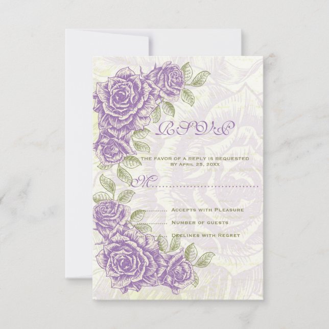 Purple vintage roses wedding RSVP reply card (Front)