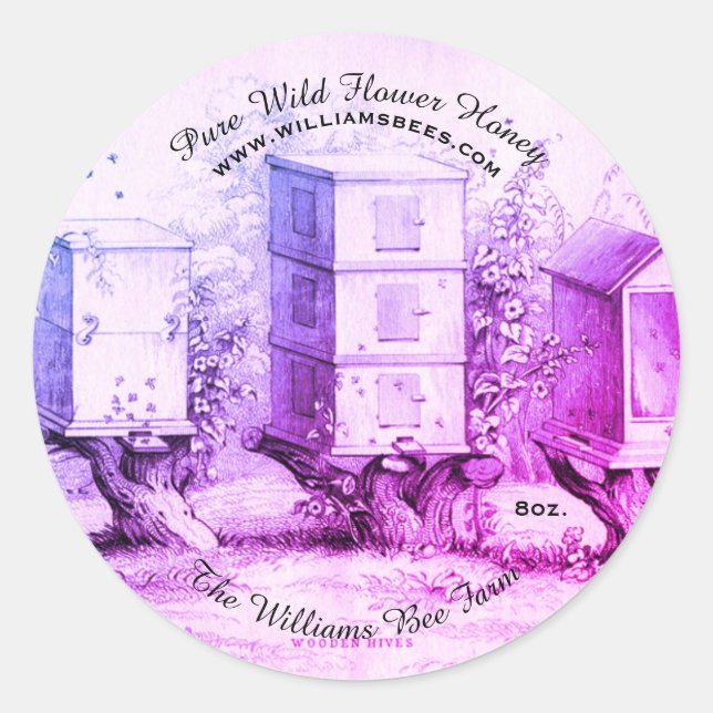Purple Vintage Round Bee Hives Honey Jar Sticker (Front)