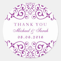 Purple Vintage Swirl Floral Thank You Stickers