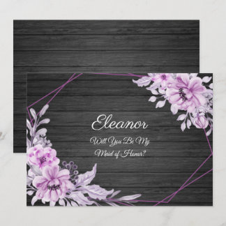 Purple Vintage Watercolor Flowers on Rustic Wood Invitation