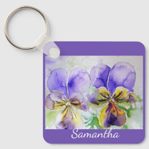 Purple Viola Violas Watercolor floral Flower Keychain