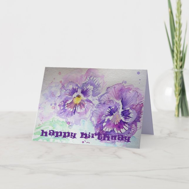 Purple Violas Pansy Watercolour art Birthday Card (Front)