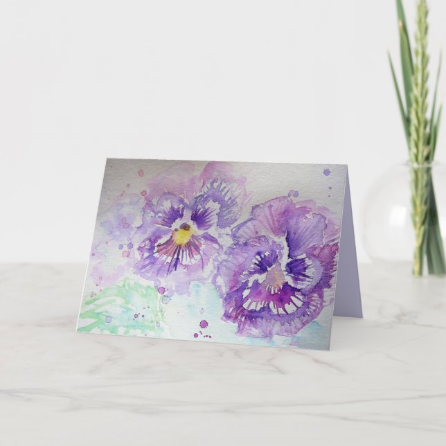 Purple Violas Pansy Watercolour art Birthday Card (Front)