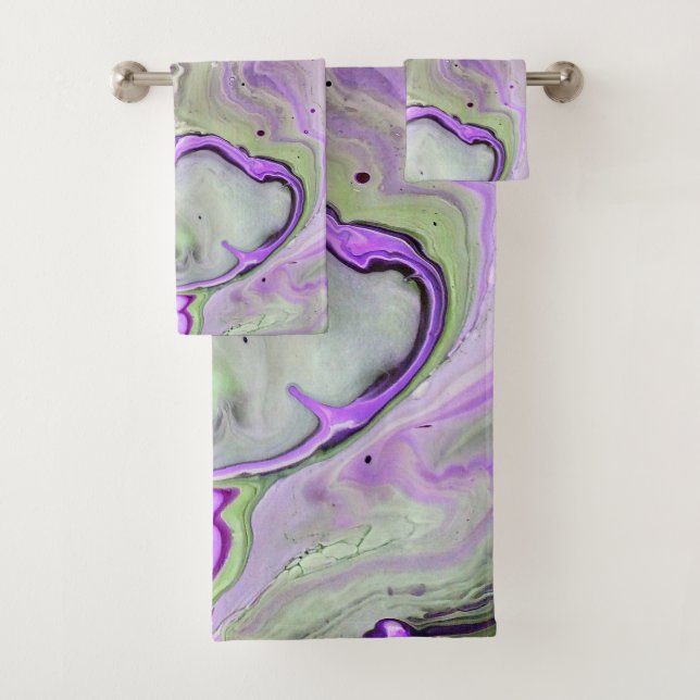 Purple Violet Abstract Art Fluid Marble Bath Towel Set (Insitu)