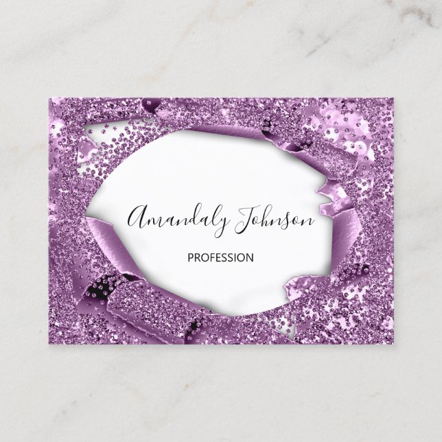 Purple Violet Amethyst 3D Frame Confetti Cristals Business Card (Front)