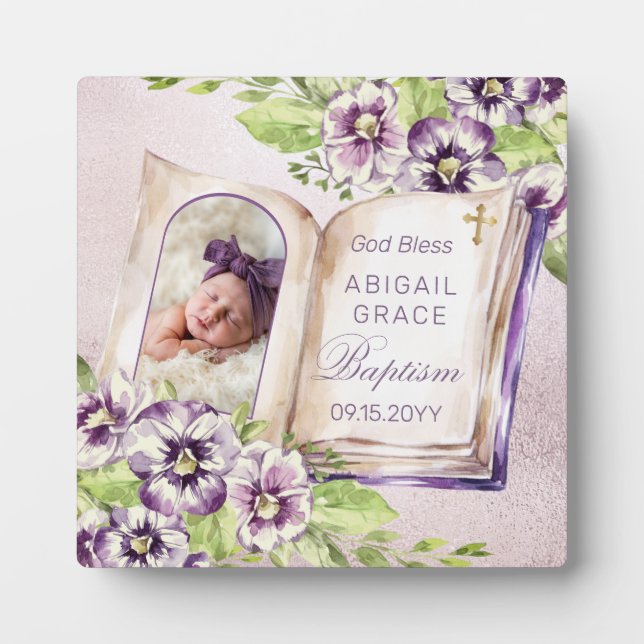 Purple Violet Arched Photo Unique Baptism Keepsake Plaque (Front)