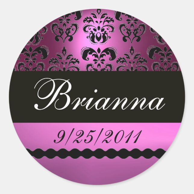 PURPLE VIOLET BLACK DAMASK CLASSIC ROUND STICKER (Front)