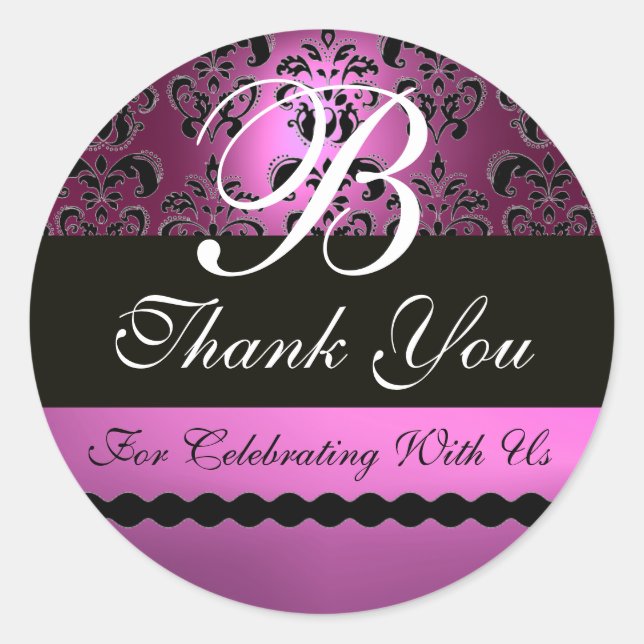 PURPLE VIOLET BLACK DAMASK MONOGRAM CLASSIC ROUND STICKER (Front)