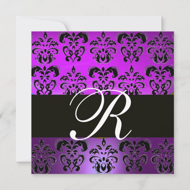 PURPLE VIOLET BLACK DAMASK MONOGRAM,,white Invitation (Front)