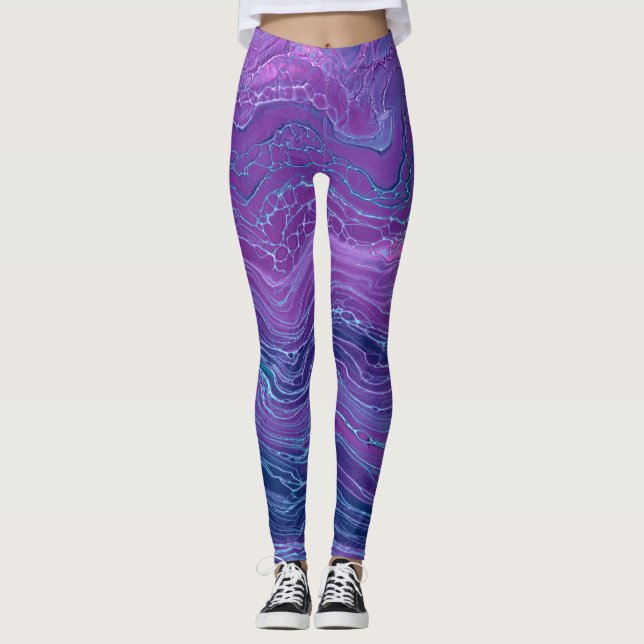 Purple Violet Blue Marbling Acrylic Abstraction Leggings (Front)