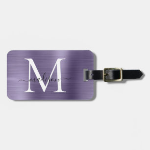 Purple Violet Brushed Metal Script Monogram Cute Luggage Tag