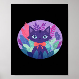 Purple Violet Cat Digital Kawaii Art Sticker Poster