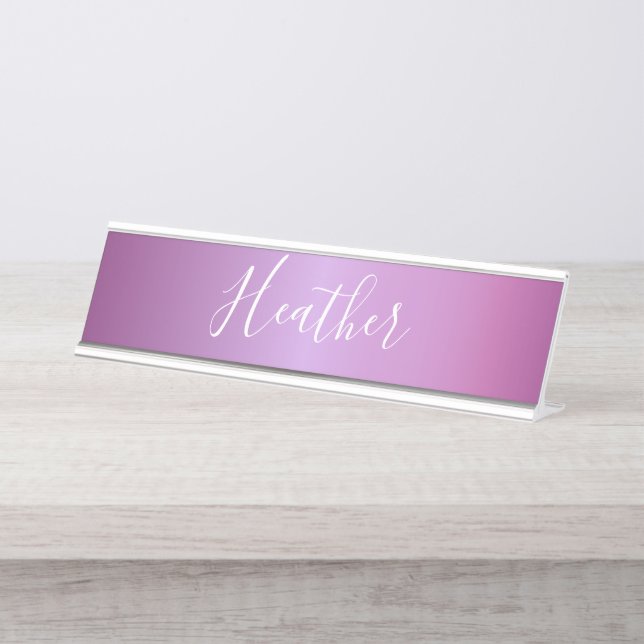Purple Violet & Custom White Script Desk Name Plate (Front)