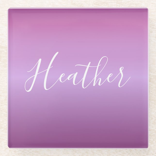 Purple Violet & Custom White Script Glass Coaster (Front)