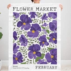 Purple Violet February Birth Flower Market Floral Fleece Blanket