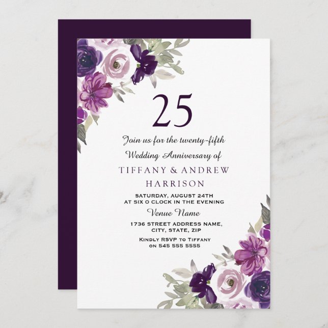 Purple Violet Floral 25th Wedding Anniversary Invitation (Front/Back)