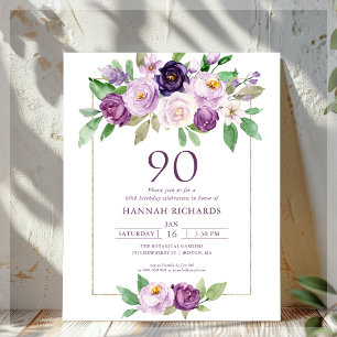 Purple   Violet Floral 90th Birthday Invitation
