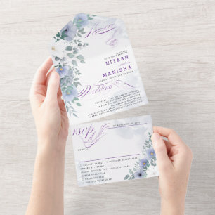 Purple Violet floral elegant All In One Invitation