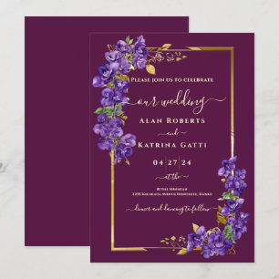 Purple Violet Floral Elegant Gold Frame Invitation