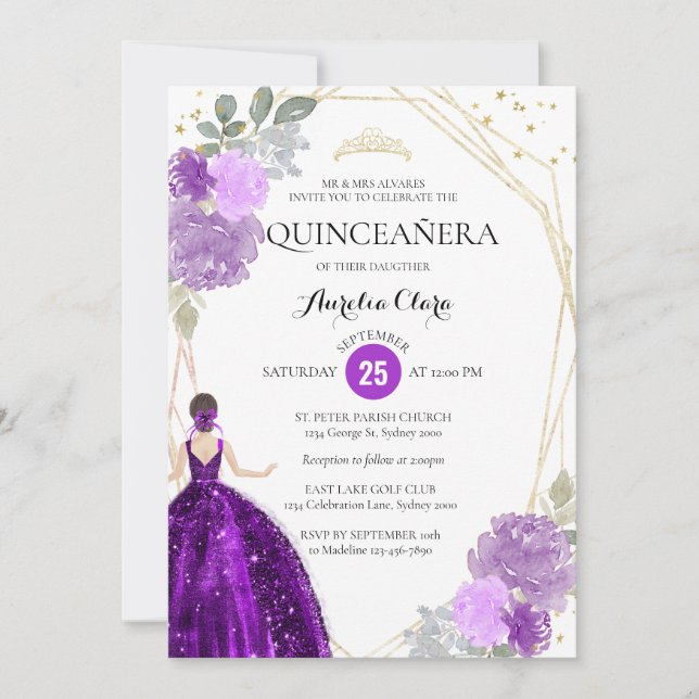 Purple Violet Floral Geometric PhotoQuinceañera Invitation (Front)