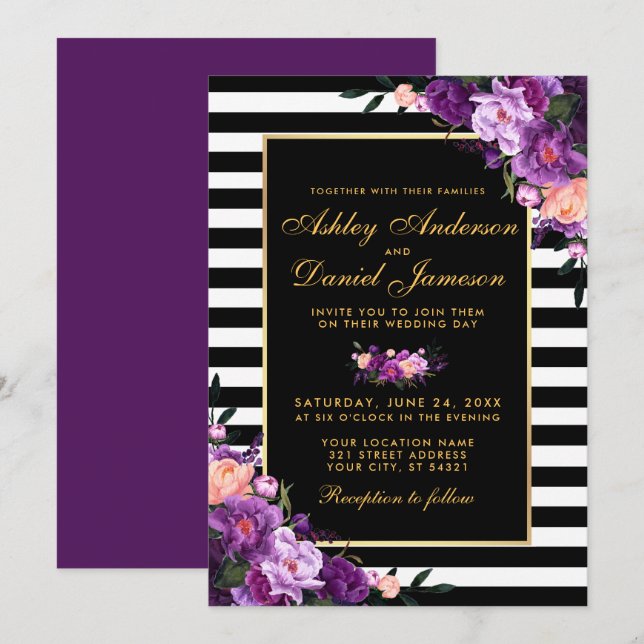 Purple Violet Floral Gold Black Stripes Wedding BP Invitation (Front/Back)