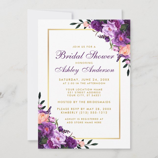 Purple Violet Floral Gold Bridal Shower Invite (Front)