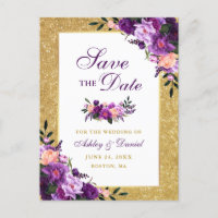 Purple Violet Floral Gold Glitter Save the Date