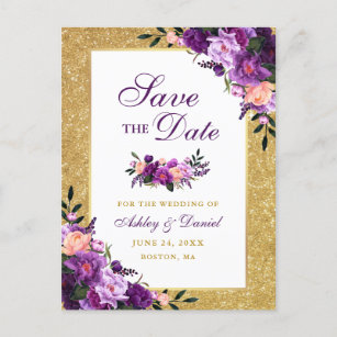 Purple Violet Floral Gold Glitter Save the Date Announcement Postcard