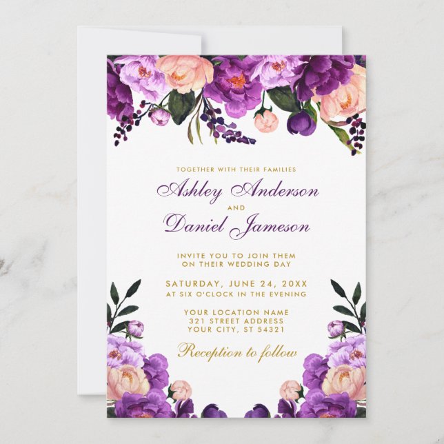 Purple Violet Floral Gold Wedding Invitation (Front)