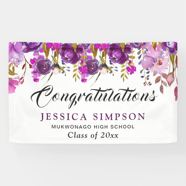 Purple Violet Floral Modern Graduation Graduate Banner (Horizontal)