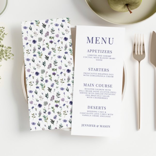 Purple violet floral rustic wedding menu cards (Creator Uploaded)