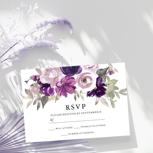 Purple Violet Floral Watercolor Wedding RSVP Card (Creator Uploaded)