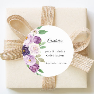 Purple violet florals birthday classic round sticker
