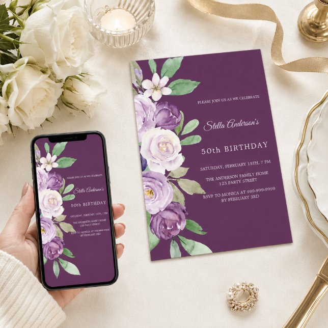 Purple violet florals birthday invitation (Creator Uploaded)
