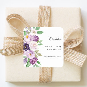 Purple violet florals birthday square sticker