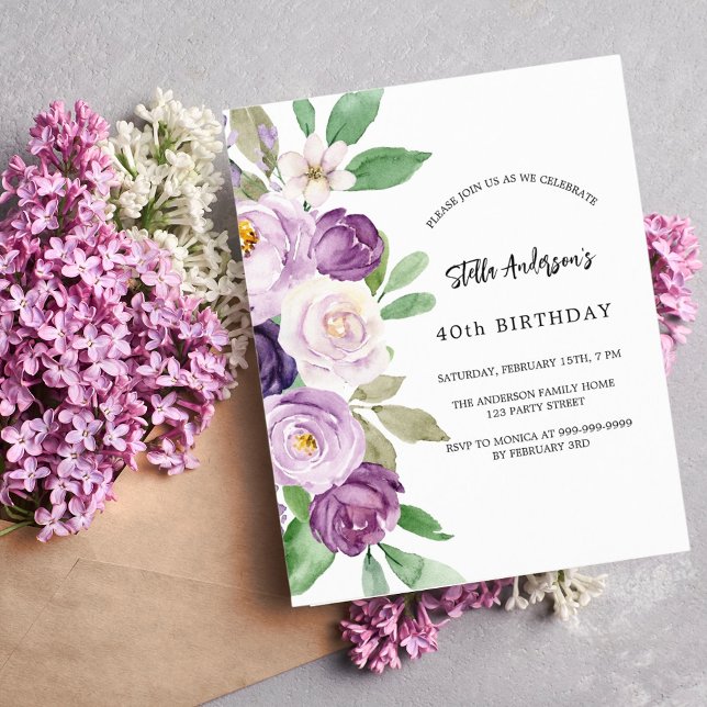 Purple violet florals budget birthday invitation (Creator Uploaded)