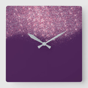 Purple Violet Glitter Confetti Pink Rose Glam Square Wall Clock