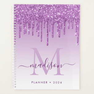 Purple Violet Glitter Drips Girly Monogram 2021 Planner