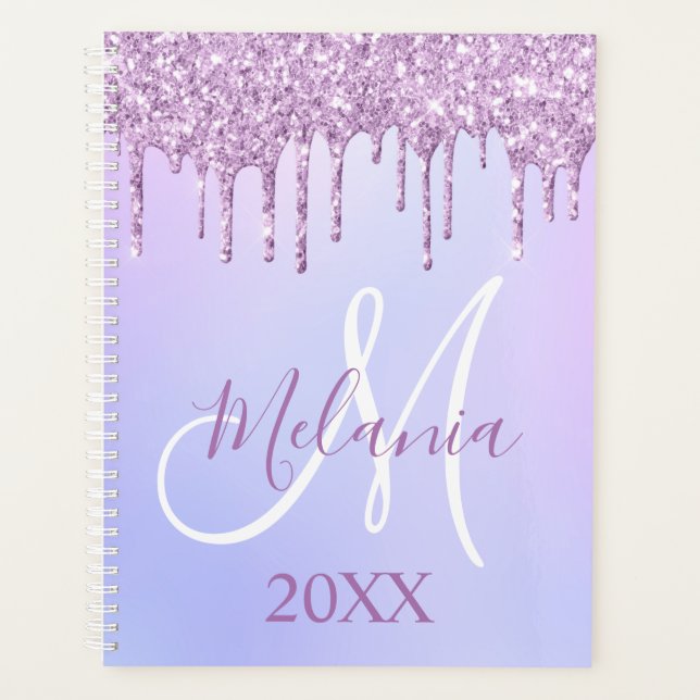 Purple Violet Glitter Drips Girly Monogram 2025 Planner (Front)