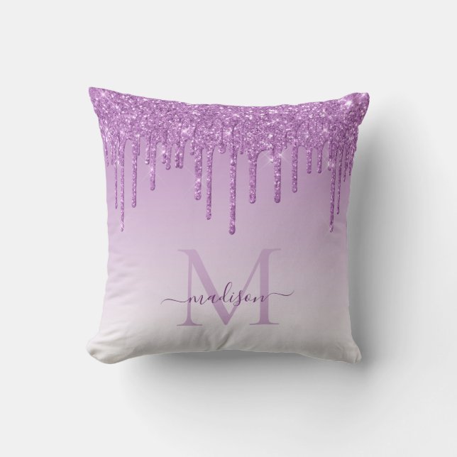 Purple Violet Glitter Drips Glam Monogram Script Throw Pillow (Front)