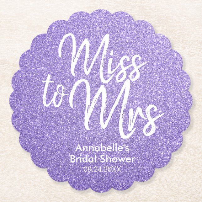 Purple Violet Glitter Miss to Mrs Bridal Shower Paper Coaster (Front)
