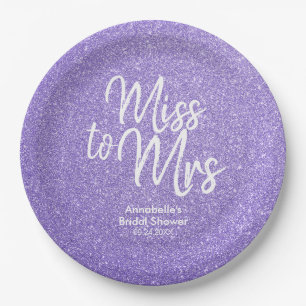 Purple Violet Glitter Miss to Mrs Bridal Shower Paper Plate