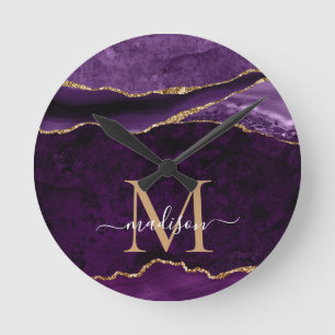 Purple Violet Gold Agate Geode Glitter Monogram Round Clock
