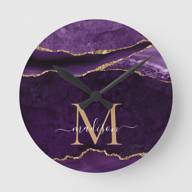 Purple Violet Gold Agate Geode Glitter Monogram Round Clock (Front)