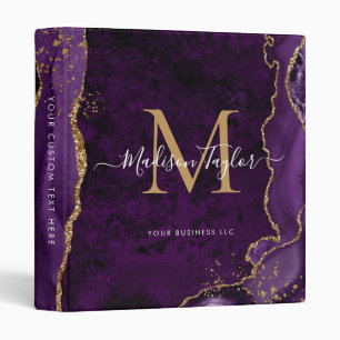 Purple Violet Gold Agate Geode Monogram Script Binder