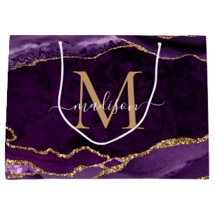 Purple Violet Gold Glitter Agate Geode Monogram Large Gift Bag