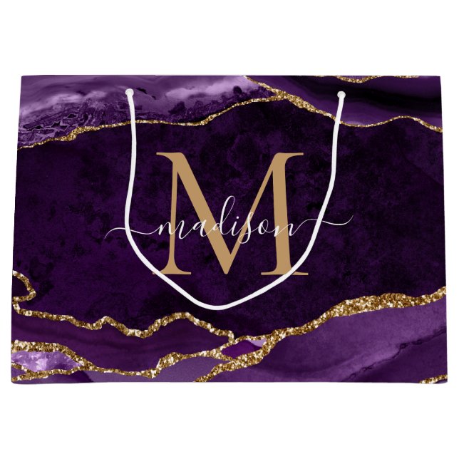 Purple Violet Gold Glitter Agate Geode Monogram Large Gift Bag (Front)