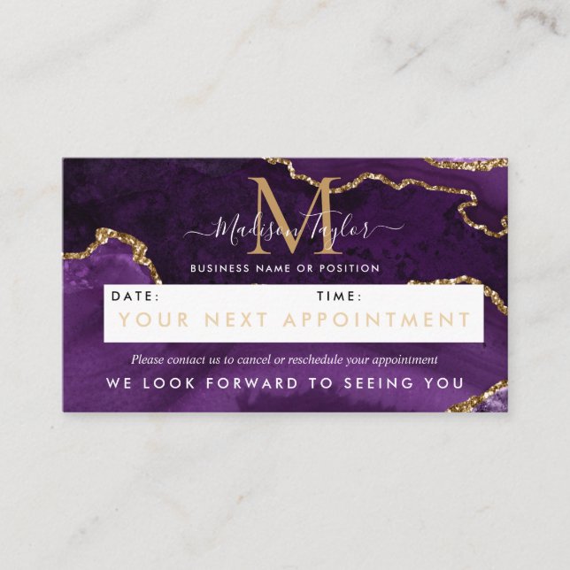Purple Violet Gold Glitter Agate Marble Monogram Appointment Card (Front)