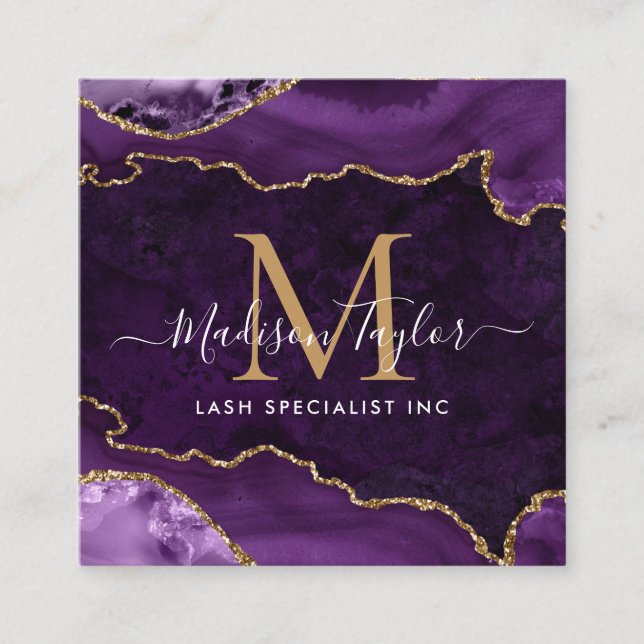 Purple Violet Gold Glitter Marble Agate Monogram Square Business Card (Front)